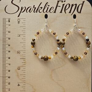 Brown, gold and clear iridescent glass crystal and cat's eye hoop earrings